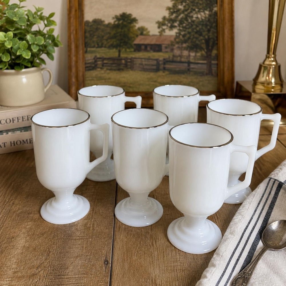 Set of 6 VTG White Milk Glass Irish Coffee Mugs gold Rim Pedestal Footed mug